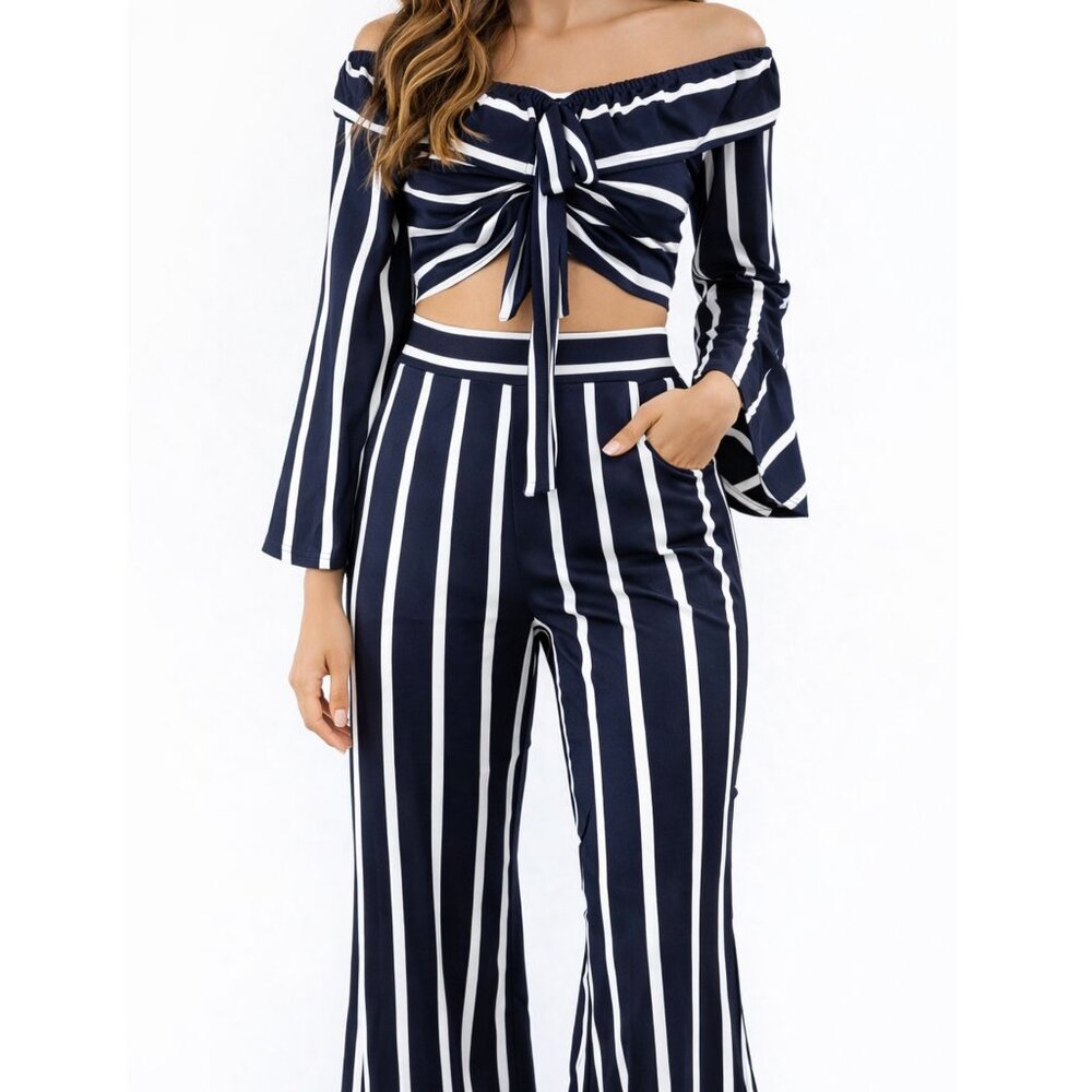 Boho Striped Two Piece Set Crop Top + Pants Summer Cute V-Neck Feminine Sz S